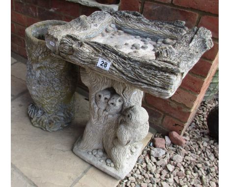 Decorative stone birdbath & stone owl planter
