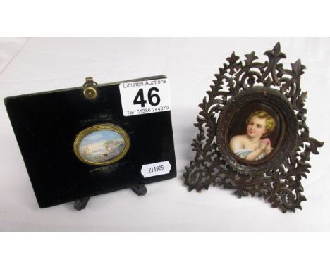 2 framed miniatures - 18C harbour scene & portrait of child