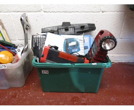Box of tools to include jigsaw, orbital sander, tile cutter etc