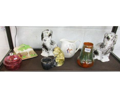 Collection of china to include Staffordshire dogs, Burleigh Ware jug etc (whole shelf)