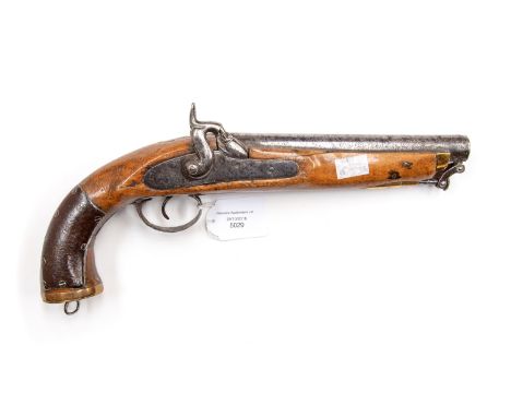 A Percussion cap pistol with 205mm long barrel. Bore approx 17mm. Brass butt plate with lanyard ring. Folding ram rod. Two st
