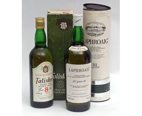 Talisker 8yo Single Malt Scotch, 80% Proof, 75,7cl, boxed and Laphroaig 10yo 1ltr, 43% vol in tube (2)  