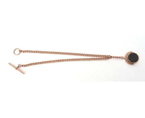 Late 19th century curb link watch chain set with a fixed ring and T-bar with central hardstone set circular swivelling fob, l