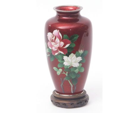 Japanese cloisonne and gin bari enamel vase decorated with roses against a translucent ruby red ground, plated rim and foot m