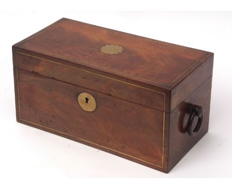 19th century mahogany tea caddy of rectangular form, altered interior with two lidded boxes and mixing bowls, applied on eith
