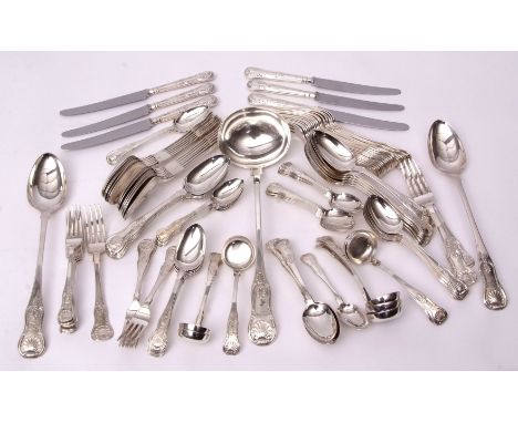 Composite early 19th century mostly Scottish single struck Kings pattern flatware service, comprising 20 table forks, 13 dess