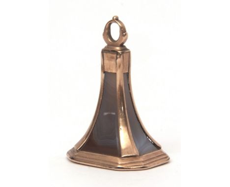 19th century unmarked yellow metal and banded agate fob of flared rectangular form with ring suspension and engraved matrix w