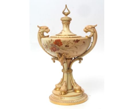 An impressive late 19th century Worcester vase or centrepiece and cover, shape 1519, the circular base with four hoofs rising