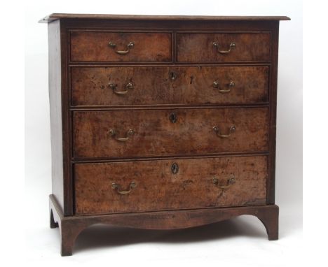 18th century oak and walnut chest, moulded edge over two short and three full width graduated drawers on bracket feet, 99 1/2