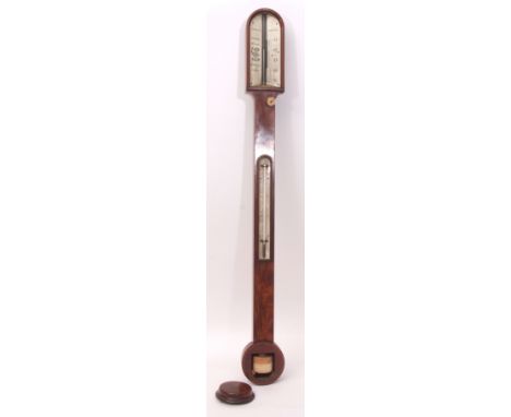 Mid-19th century flame mahogany and ivory stick barometer, Spendlove - Thetford, the arched case with glazed panel with bevel