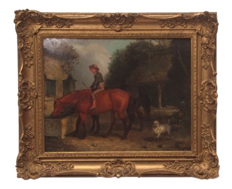 ENGLISH SCHOOL (19TH CENTURY) Figure with horses and dog by a trough oil on board 34 x 44cms 