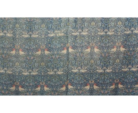 Pair of William Morris (1834 - 1896) bird pattern (Strawberry Thief) tapestry weave curtains, both lined in blue material (pa