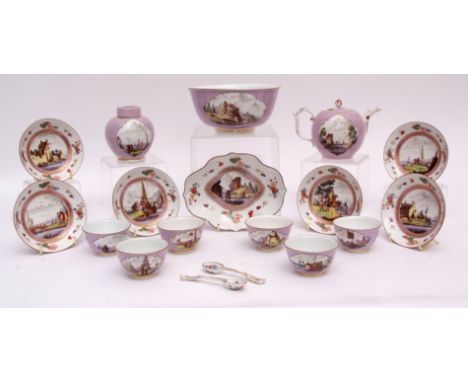 Meissen part tea set, probably 18th century, comprising tea pot, caddy, spoon tray, slop bowl and six tea bowls and saucers, 