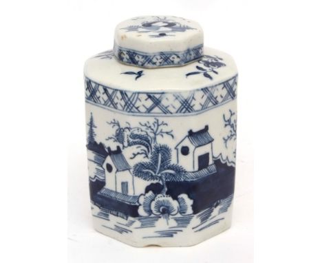 Lowestoft porcelain tea caddy, circa 1770, of octagonal shape, decorated with trees and flowers and rock work and islands to 