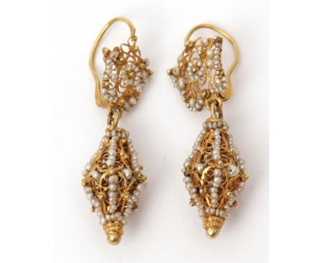 Pair of high grade yellow metal and seed pearl earrings, lantern shaped with pierced scroll and rosettes design, decorated wi