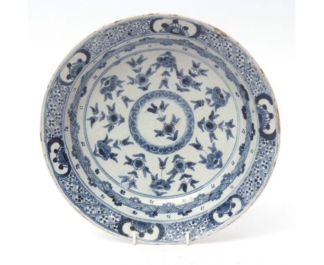 Mid-18th century Lambeth Delft dish decorated in blue with a Chinese (Kangxi) porcelain design, 30cms diam 