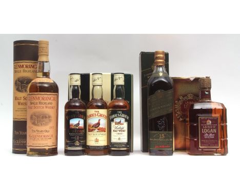 Glen Morangie 10yo, 1ltr, 43% vol in tube, Johhnie Walker pure Malt Scotch Whisky, 15yo, 70cl, 43% vol, Laird o'Logan de luxe