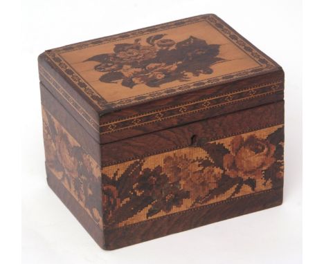 Tonbridge ware tea caddy of rectangular form, the lid inlaid with central floral motif within a typical border and enclosing 