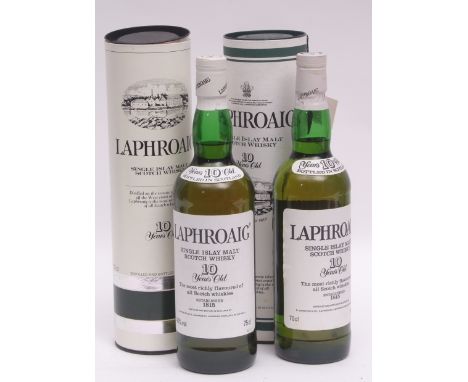 Laphroaig Single Islay Malt Scotch Whisky 10 years old, 2 bottles in tubes, 75 and 70cl  