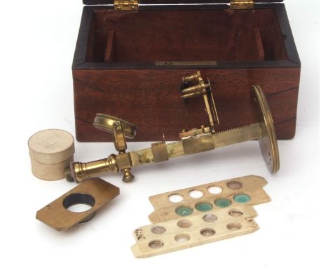 Late 18th century mahogany cased Thomas Fuller - Norwich simple microscope of lacquered brass construction with rotating lens