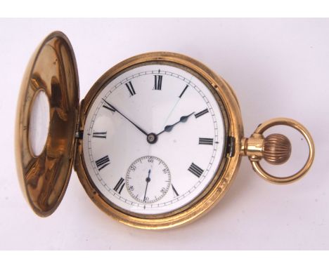 First quarter of 20th century 18ct gold half hunter keyless lever watch, the frosted gilt and jewelled movement with bi-metal