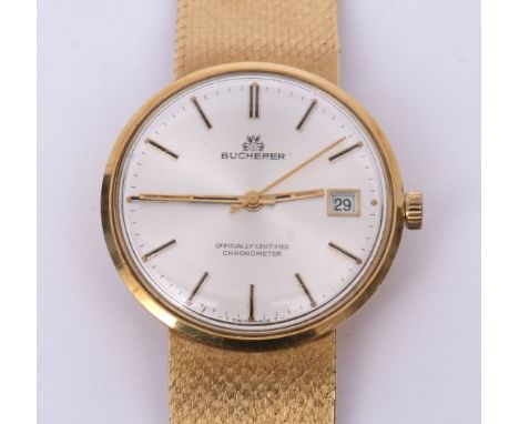 Last quarter of 20th century Swiss centre seconds calendar wrist watch, Bucherer, the movement (unseen) to a signed and silve