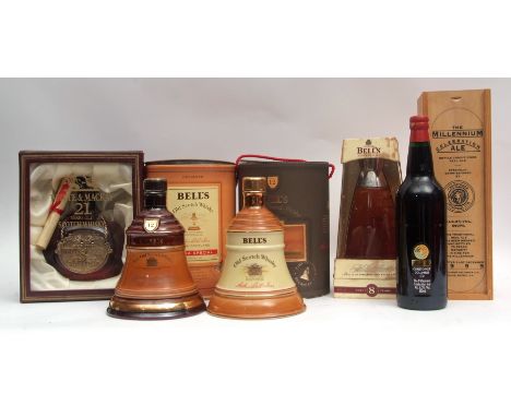 Bell's 12yo Old Scotch Whisky, two decanters in circular cartons, Bell's Millennium 2000 8yo whisky in carton, Whyte &amp; Ma