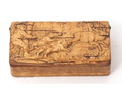19th century snuff box of rectangular form depicting a stag hunt and with pressed detailed side, panels and base to a void in