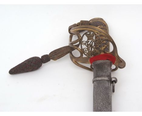 Victorian brass hilt model 1825 pattern dress sword, with pipe backed blade, etched for The Royal Engineers to a pierced Goth