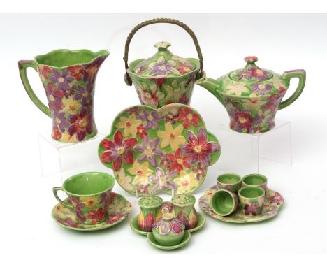 Art Deco tea set with floral design by Shorter &amp; Sons, decorated with flowerheads on a green ground, the set comprising t