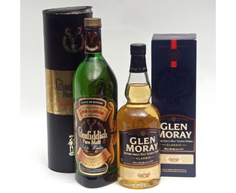 Glen Moray Single Malt Scotch Whisky, 700ml, 40% vol, boxed and Glenfiddich Pure Malt Scotch Whisky, 100cl, 86% US Proof (2 b