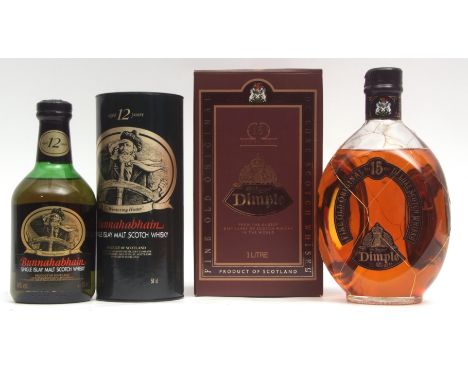 Bunnahabhain Single Islay Malt Scotch Whisky, 12yo, 50cl, 40% vol in tube, Dimple Haig 15yo, blended whisky, 1ltr, boxed (2) 
