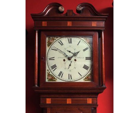 Mid-19th century oak mahogany and boxwood cross banded 8-day longcase clock, Adams - Middlewich, the hood with swan neck pedi