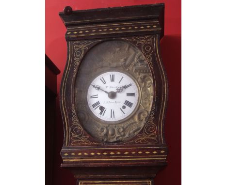 Mid-19th century French painted pine cased 8-day longcase clock, H David - a St Pierre - Eglise, the shaped hood with overhan