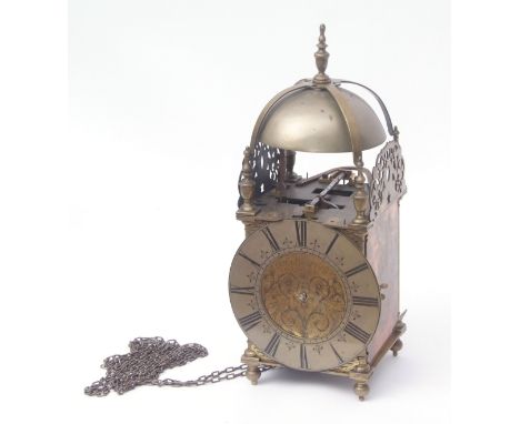 Brass hoop and spike lantern clock, signed Jer Hartley - Norwich of typical form with strap work frame supporting a large bel