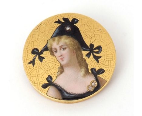 Antique enamel portrait diamond and gold brooch depicting a lady in black enamel dress and bonnet, both highlighted with smal