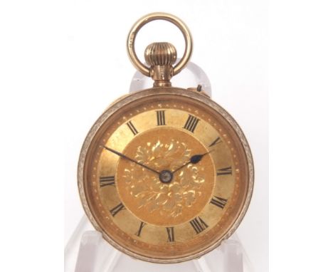 First quarter of 20th century 9ct gold cylinder fob watch, frosted, gilt and jewelled movement to an engine turned and engrav