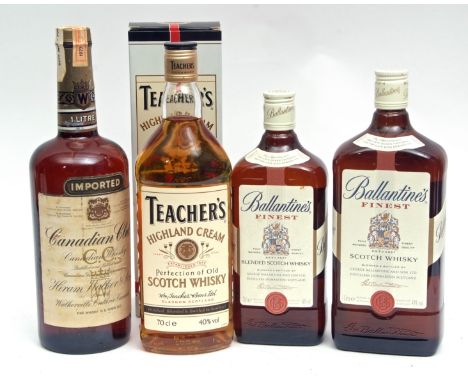 Ballantynes blended Scotch Whisky 70cl, Canadian Club whiskey 1 litre, Ballantynes Scotch Whisky 1 litre, Teachers Highland C