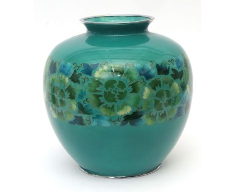 Large Japanese cloisonne enamel vase with a continuous band of stylised flowers and foliage against a jade green ground, unsi