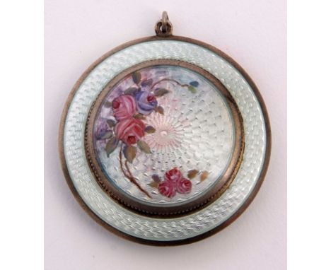 George V silver gilt and guilloche enamelled powder compact, of circular form with ring suspension and all over engine turned