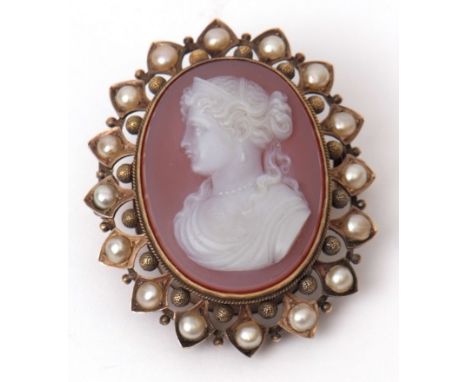 Antique hardstone cameo brooch circa 1860, the carved oval cameo depicting head and shoulders portrait of a classical lady se