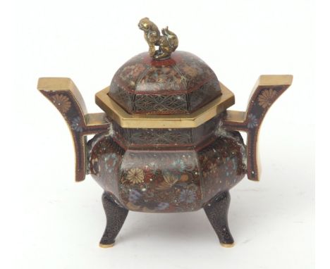 Japanese cloisonne enamel Koro and cover on tripod feet with flared handles and Shishi finial decorated with panels of butter