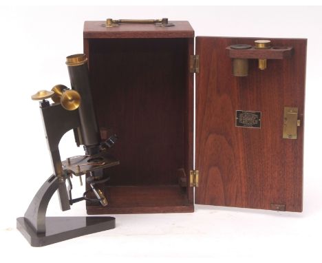 Early 20th century patinated and lacquered brass monocular microscope, R &amp; J Beck - London, 18548, "Star", the triangular