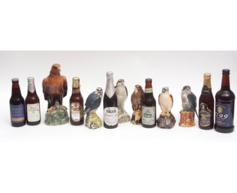 Six various novelty decanters in the form of Birds of Prey, containing Beneagles Scotch Whisky (various sizes) and seven furt