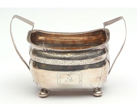Late George III Irish two-handled sugar basin, of rectangular form with applied egg and dart border, strap work handles to an