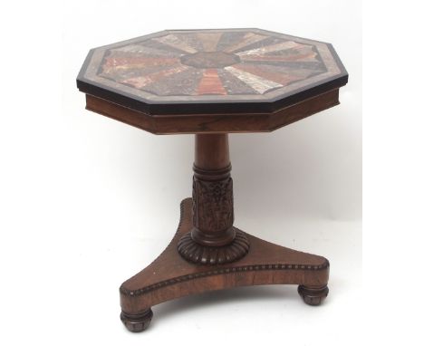 19th century pietra dura pedestal table of octagonal form, central multi-coloured radiating pattern, the rosewood support wit