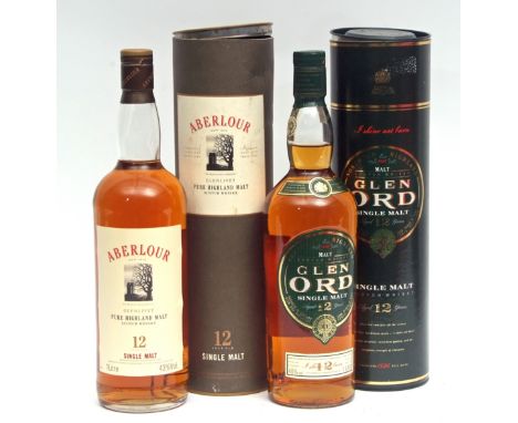 Glen Ord Single Malt Scotch, 12yo, 40% vol, 1ltr and Aberlour 12yo Single Malt Scotch, 1ltr, both in tubes (2) 