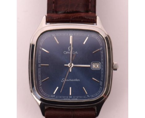 Late 20th century stainless steel quartz centre seconds calendar wrist watch, Omega "Seamaster" quartz movement to a signed m