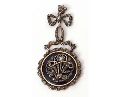 Antique blue enamel and diamond pendant, the circular plaque enamelled in royal blue overlaid with a mixed old cut diamond gi