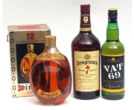 Dimple Haig 12, 1 litre (boxed), Seagram's 7 Crown American blended Whiskey, VAT 69 Finest Scotch Whisky, 1 bottle of each (3